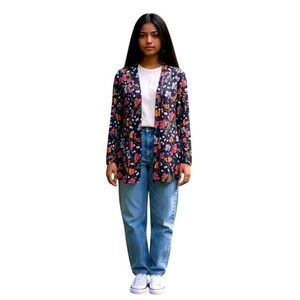 Floral Open Front Kimono Cardigan One Size Black Boho Cottagecore Casual